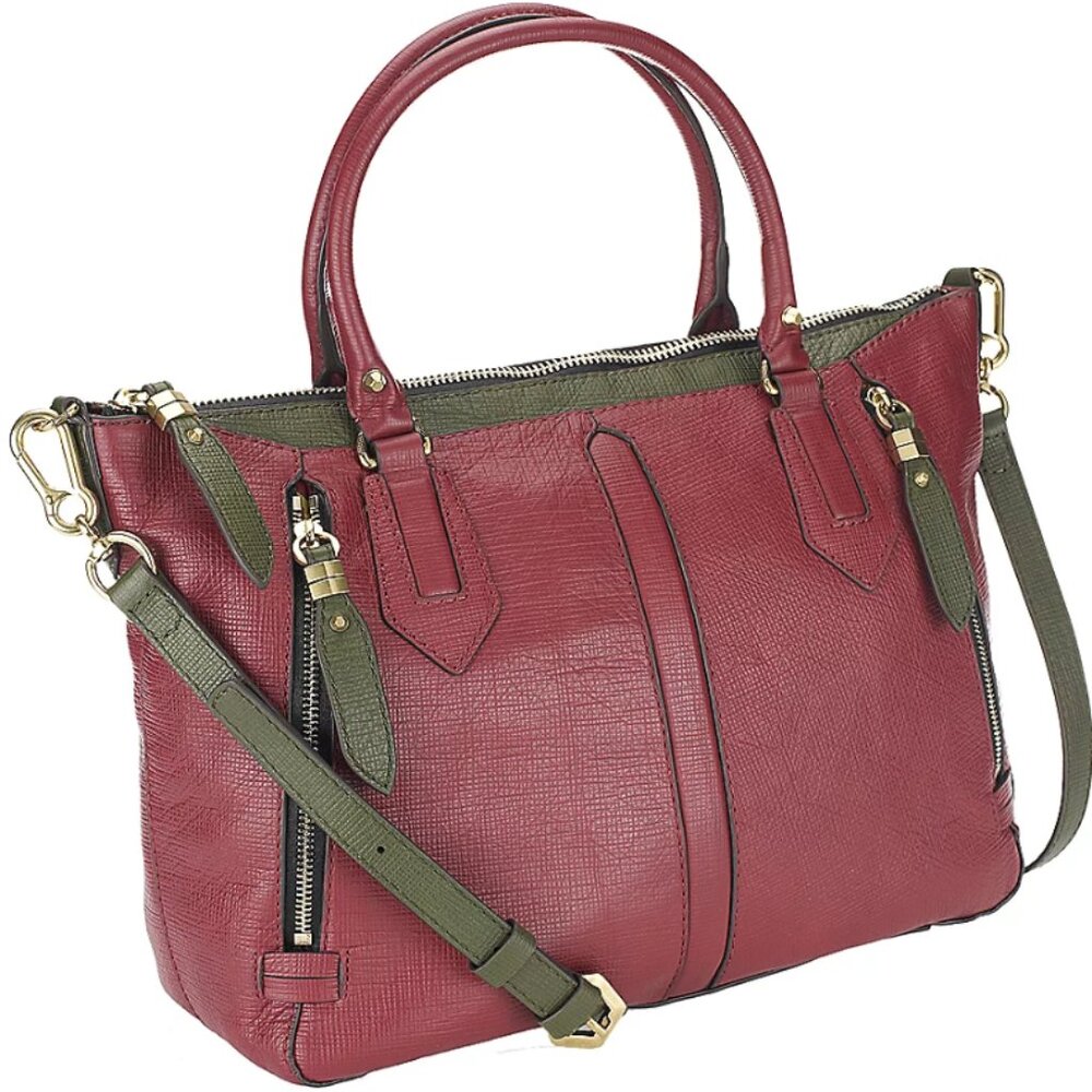 ORYANY Big & Beautiful Women's Burgundy Leather Satchel with Olive Trim. NWT